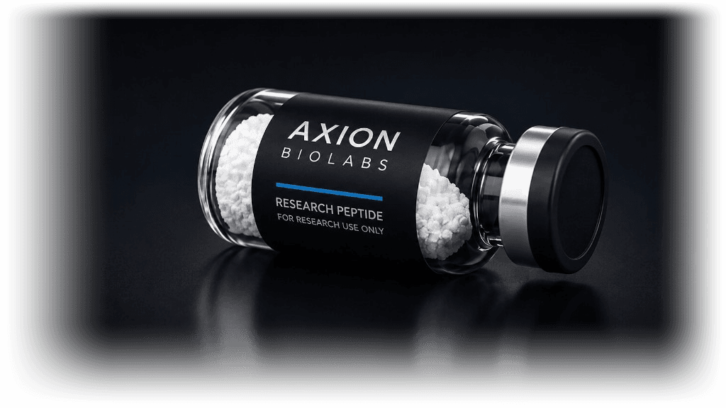 Axion Biolabs research peptide vial, lying on its side with cap facing right